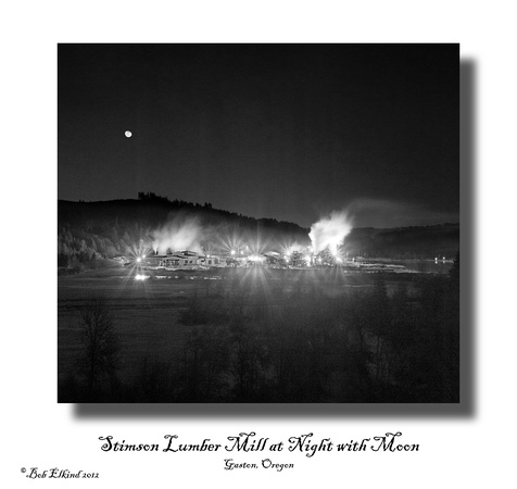 lumber mill at night with moon bw